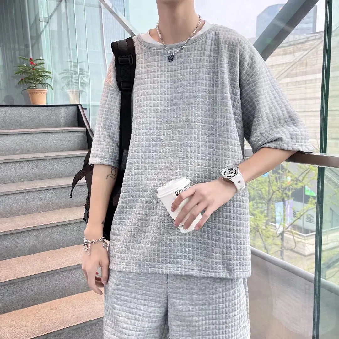 Men's Knitted Short Sleeve Shirt Shorts Set Geometric Pattern Turn-down Collar Breathable Summer Casual Wear Front Polyester