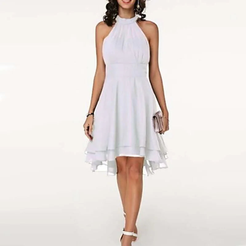 Women Elegant Dress Summer Solid High Waist Halter Sleeveless Midi Dresses Ladies Cropped Layered Chiffon Party Slim Dresses