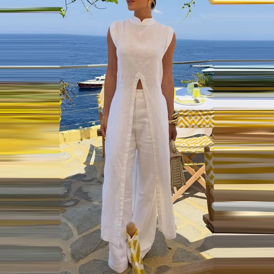 Women Casual Sleeveless Loose 2 Piece Suit Elegant Hight Street Solid Outfit Fashion O-neck Split Long Pullover & Long Pant Set