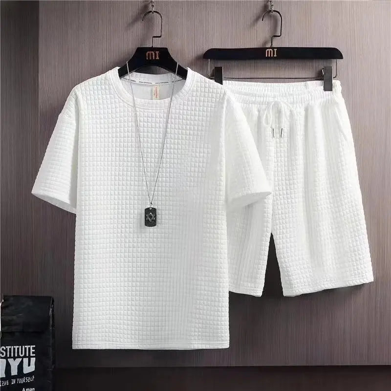 Men's Knitted Short Sleeve Shirt Shorts Set Geometric Pattern Turn-down Collar Breathable Summer Casual Wear Front Polyester