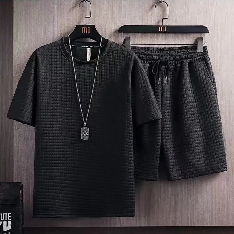 Men's Knitted Short Sleeve Shirt Shorts Set Geometric Pattern Turn-down Collar Breathable Summer Casual Wear Front Polyester