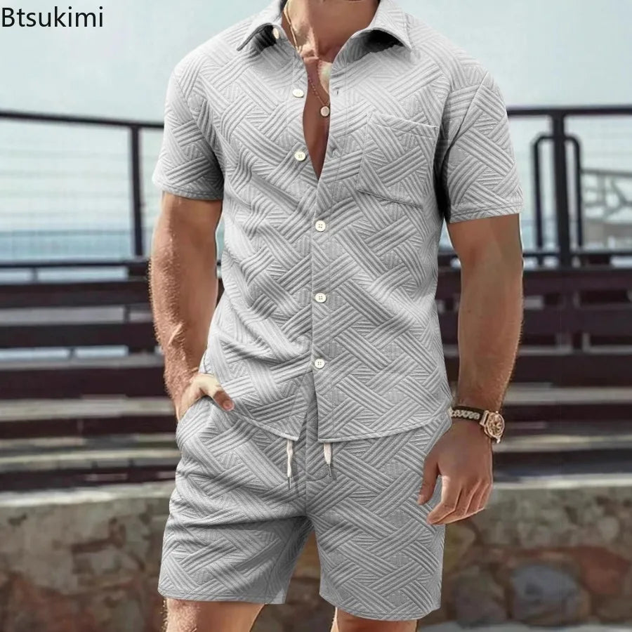 2026 New Men's Fashion Geometric Textured Two Piece Set Summer Solid Color Short Sleeve Button Down Shirt Casual Shorts Suits
