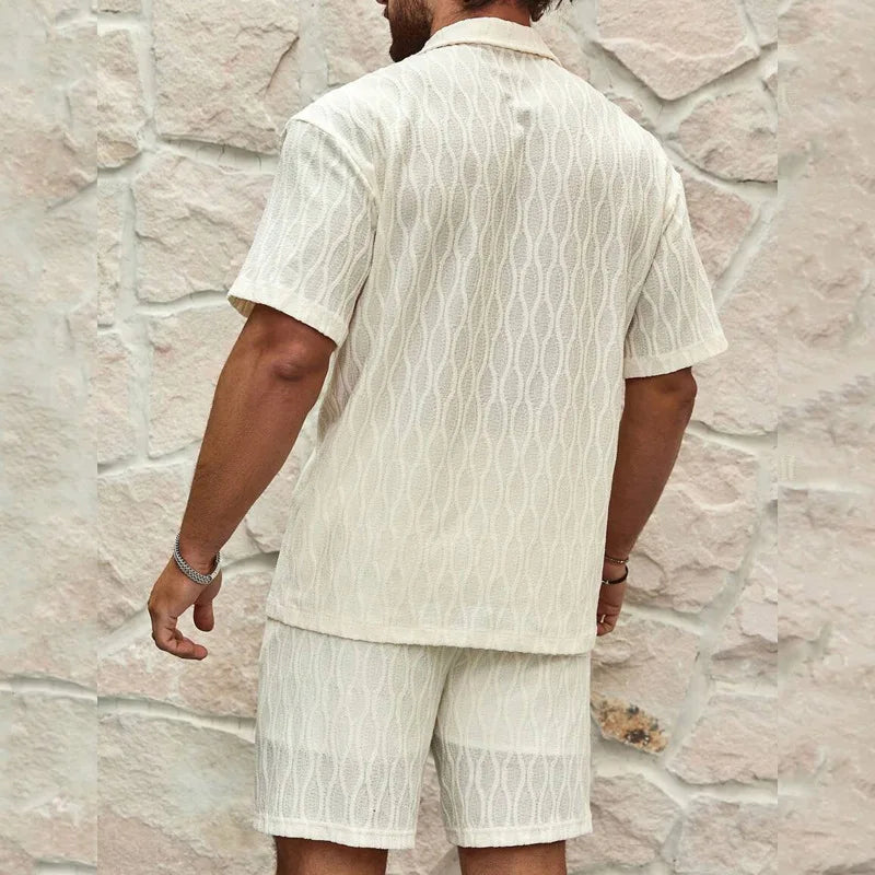 Men's Knitted Short Sleeve Shirt Shorts Set Geometric Pattern Turn-down Collar Breathable Summer Casual Wear Front Polyester