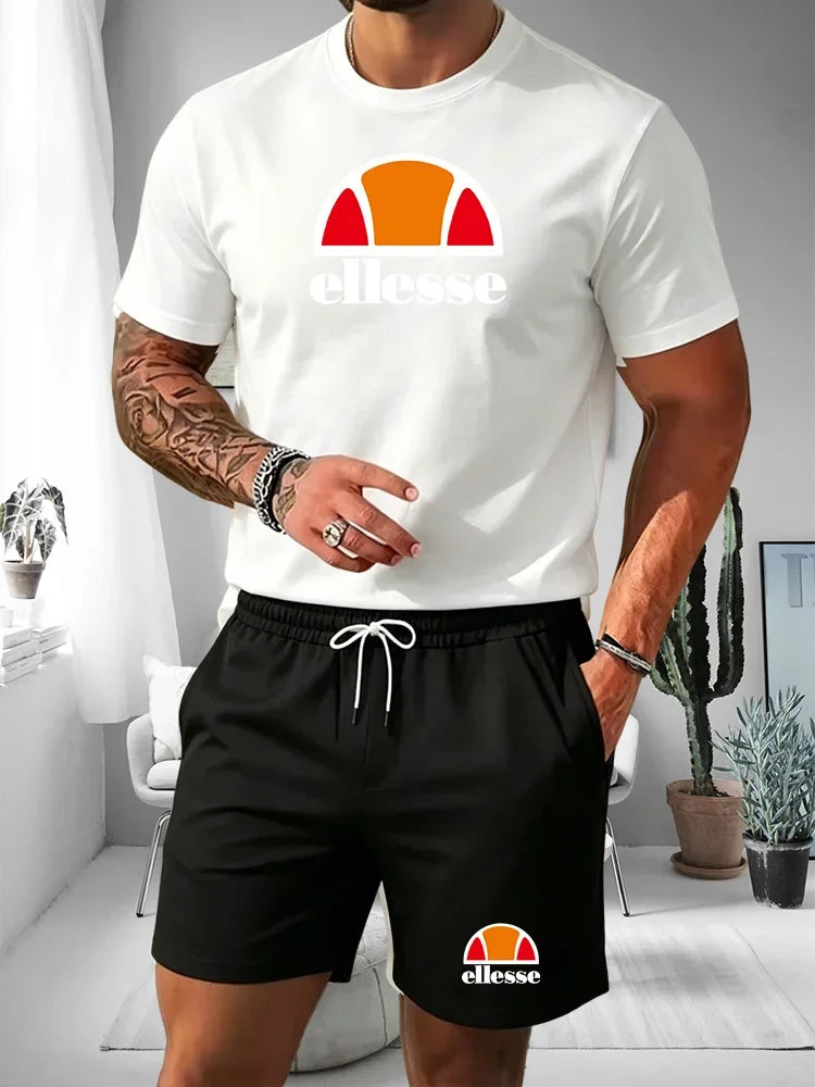 2026 Short Sleeved T-shirt Men's Summer Leisure Sports Set Outdoor Street Short Sleeved Shorts Two Piece Set Men's Summer Set