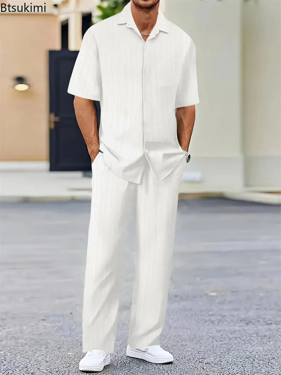 Spring Summer New Style Men's Sets Fashion Solid Short Sleeve Button Cardigan Tops and Pants 2 Piece Sets Man Casual Sports Suit