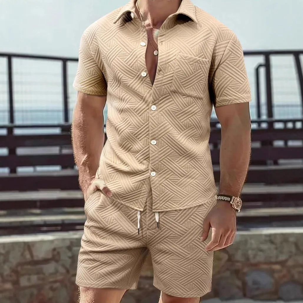 2026 New Men's Fashion Geometric Textured Two Piece Set Summer Solid Color Short Sleeve Button Down Shirt Casual Shorts Suits