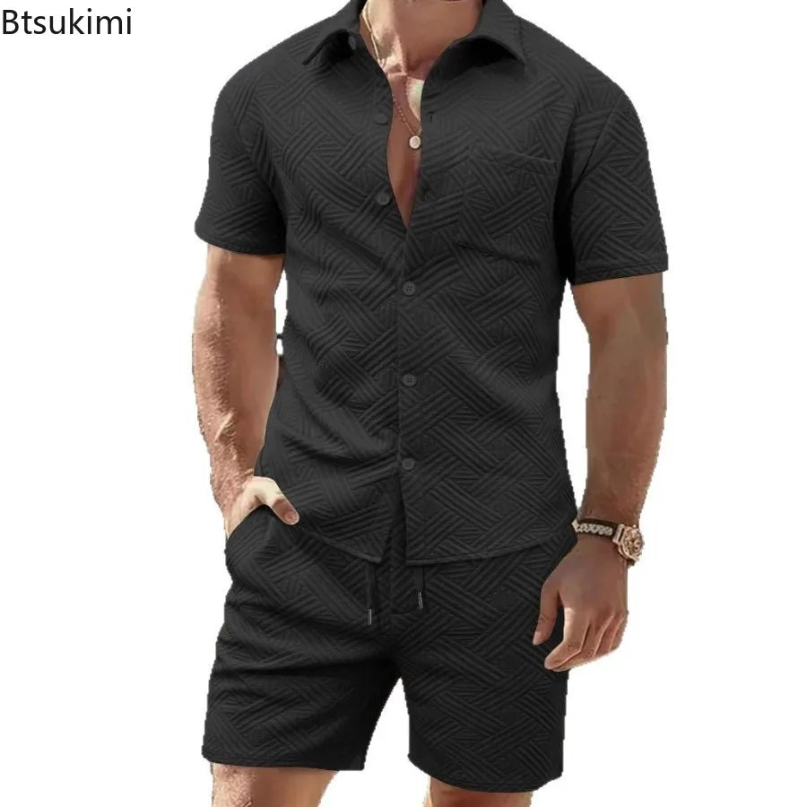 2026 New Men's Fashion Geometric Textured Two Piece Set Summer Solid Color Short Sleeve Button Down Shirt Casual Shorts Suits
