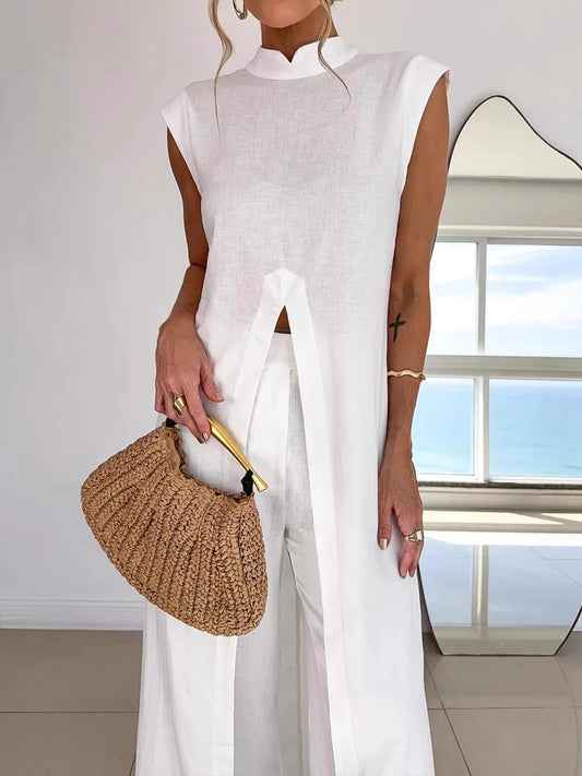 Women Casual Sleeveless Loose 2 Piece Suit Elegant Hight Street Solid Outfit Fashion O-neck Split Long Pullover  & Long Pant Set