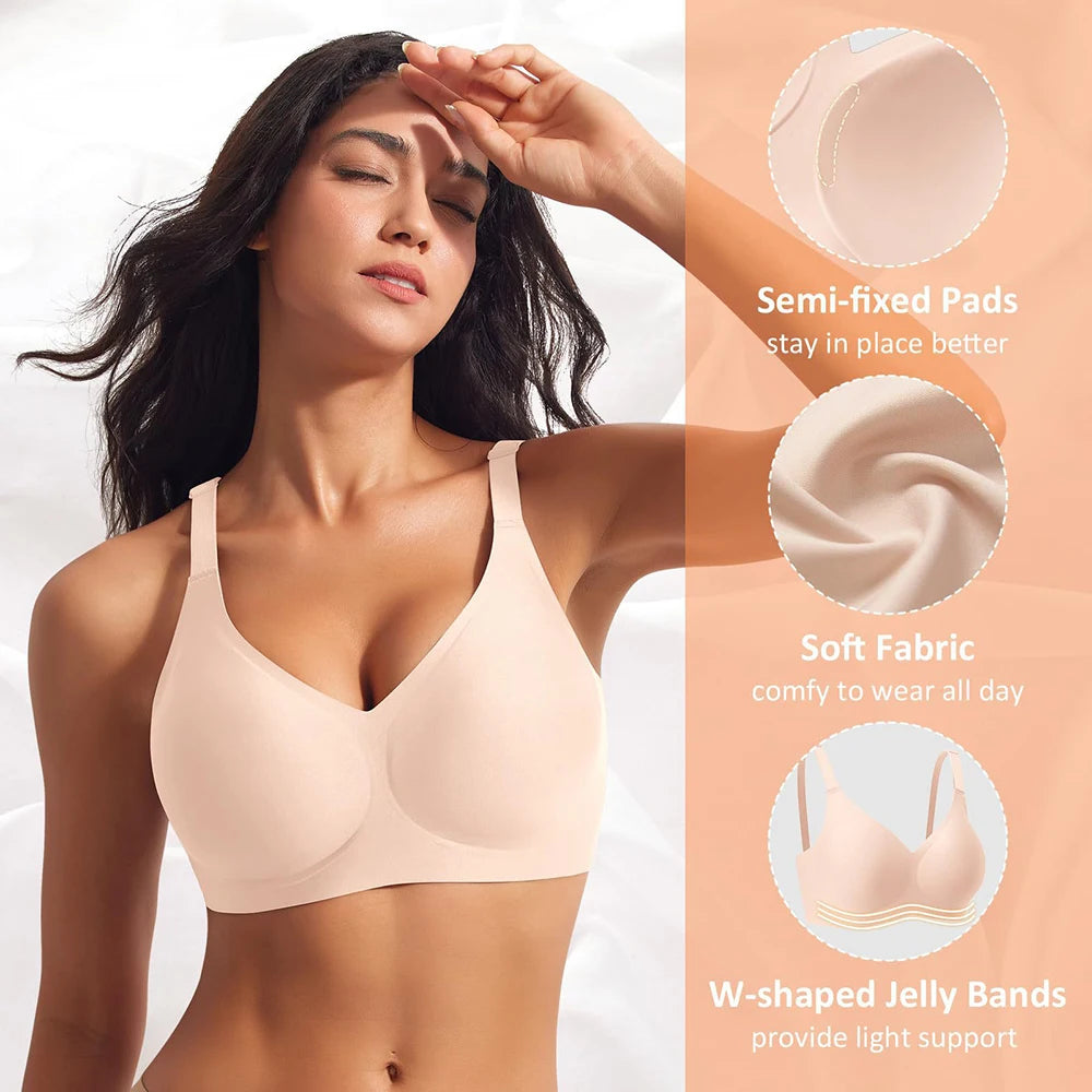 Jelly Wireless Bra Deep V Push Up Bra Seamless T-Shirt Comfortable Plunge No Underwire Bras with Adjustable Straps Everyday Bras