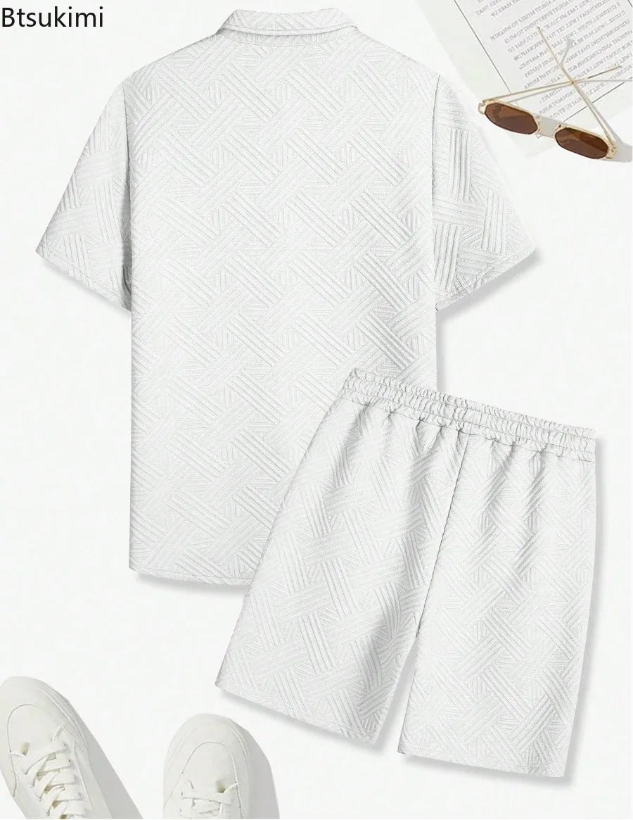 2026 New Men's Fashion Geometric Textured Two Piece Set Summer Solid Color Short Sleeve Button Down Shirt Casual Shorts Suits
